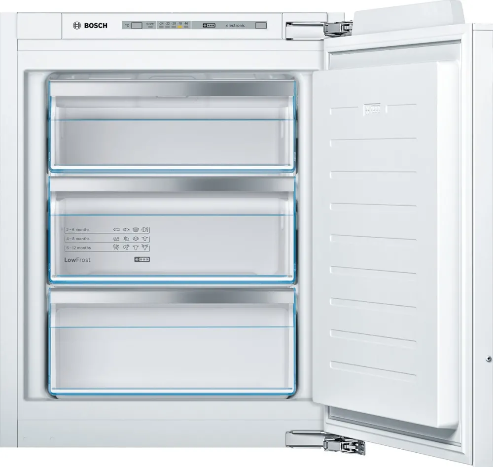 Congelator incorporabil Bosch GIV11AFE0, 72 l, LowFrost, 3 sertare, Clasa E, H 71.2 cm, Argintiu