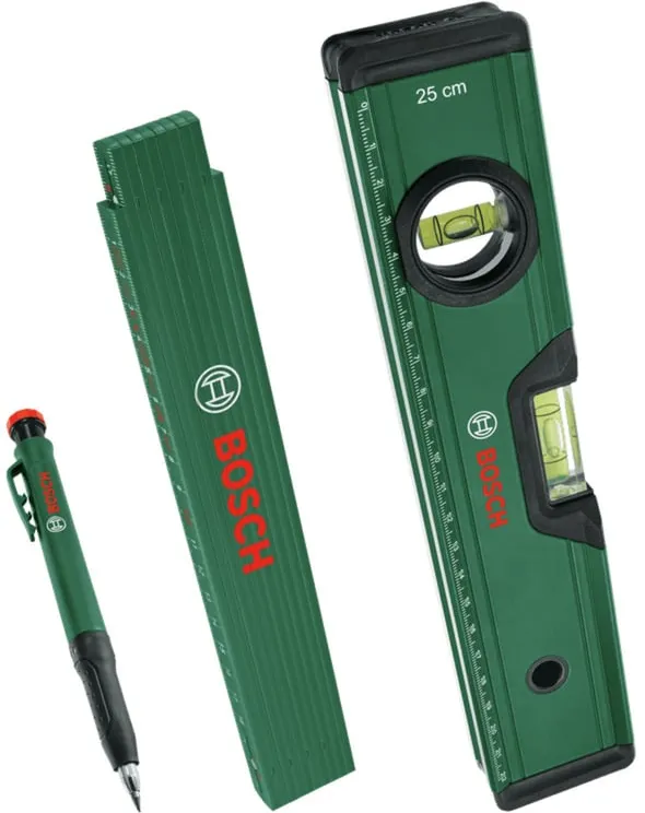 Set de marcare Bosch, 3 buc, 1600A02W7S, creion marker, nivela cu bula 25cm, metru pliabil