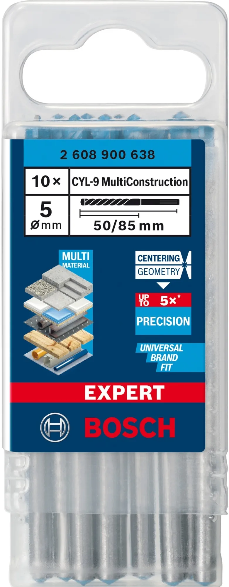 Bosch Expert CYL-9 MultiConstruction drill bits, 5mm, 10 pieces (working length 50mm)
