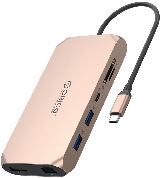 Orico XCR 12in1 USB-C Docking Station 2x USB-A 3.1 1x USB-A 2.0 1x USB-C PD 100W 1x USB-C 3.1 2x HDMI 2.0 4K 60Hz 1x DisplayPort 1.4 4K 60Hz 1x SD 3.0 1x microSD 3.0 1x RJ45 Gigabit Ethernet 1x CTIA audio 3.5mm - rose gold