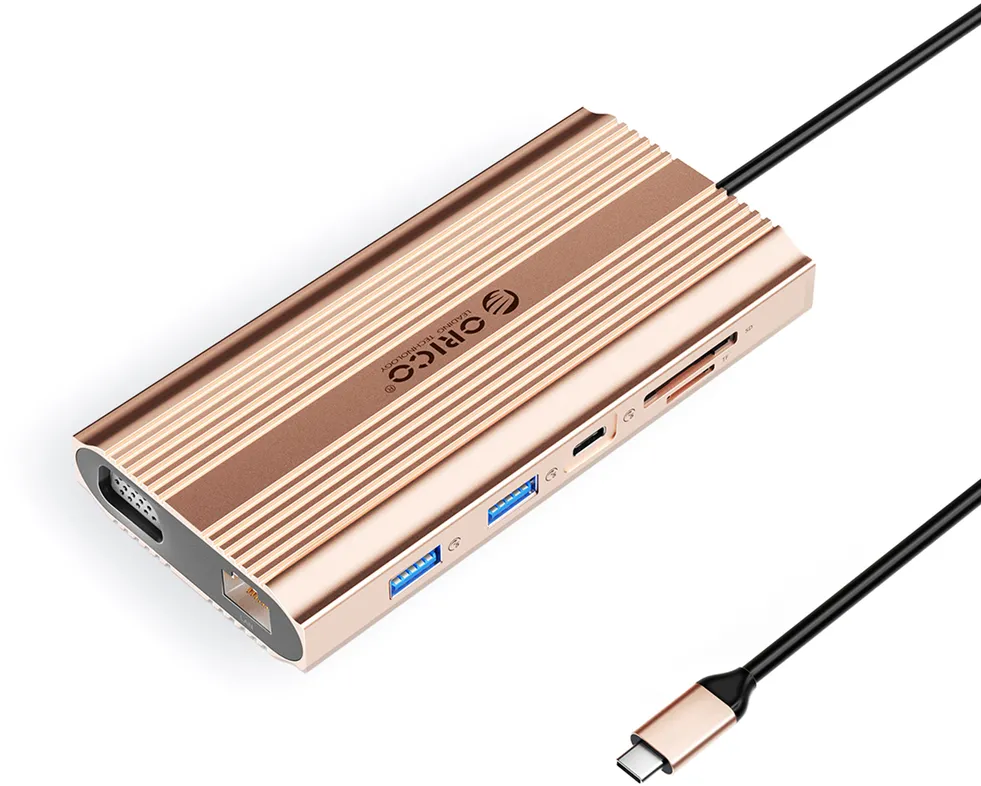 Orico XDR 12-in-1 USB-C Docking Station USB-A USB-C HDMI 4K VGA RJ45 Gigabit PD 100W SD and microSD Card Reader - Rose Gold