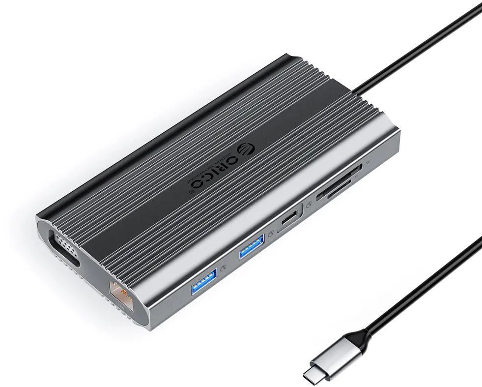 Orico XDR 12in1 USB-C Docking Station USB-A USB-C HDMI 4K VGA RJ45 Gigabit PD 100W SD and microSD Card Reader - Gray