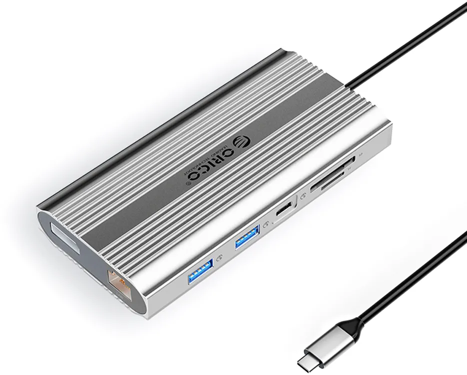 Orico XDR 12in1 USB-C Docking Station USB-A USB-C 2x HDMI 4K 60Hz DisplayPort 4K 60Hz RJ45 Gigabit PD 100W SD and microSD Card Reader - Silver