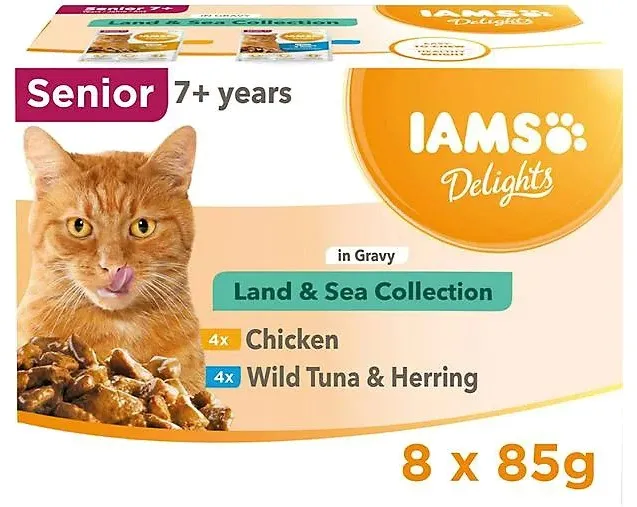 IAMS DELIGHTS Senior Land & Sea Collection in Gravy box – wet cat food – 8x85g