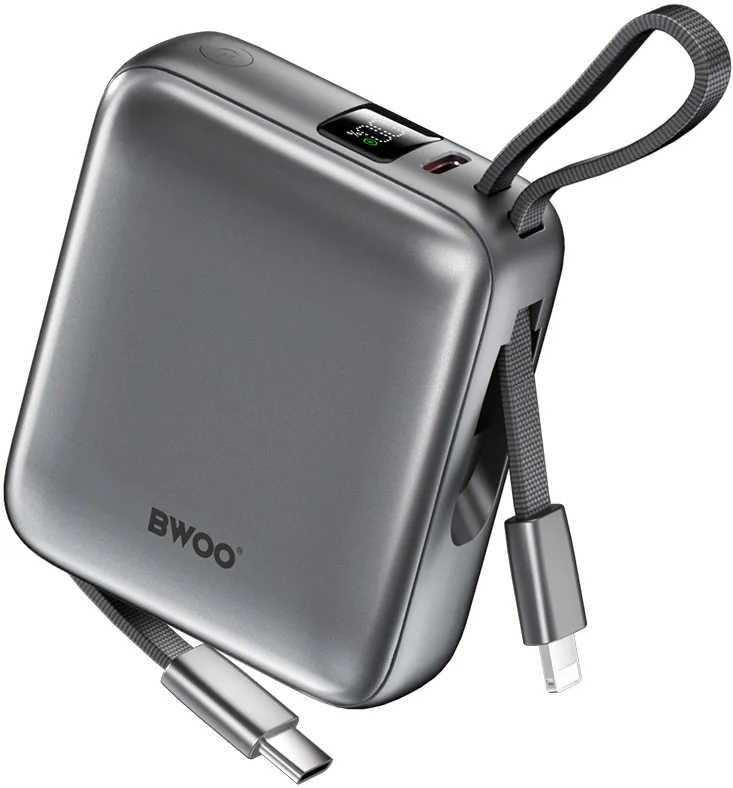 BWOO power bank P74 22.5W 10000 mAh with 2 built-in cables 1 x USB-C  1 x Lightning black
