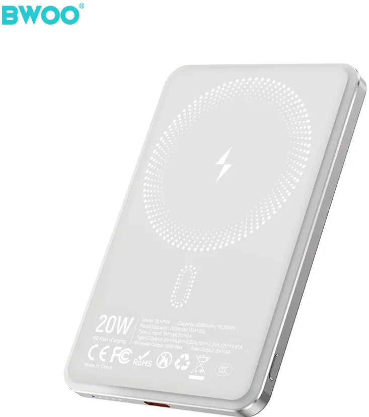BWOO Ultra Slim Power Bank 20W 5000mAh with magnetic charging P79 light grey