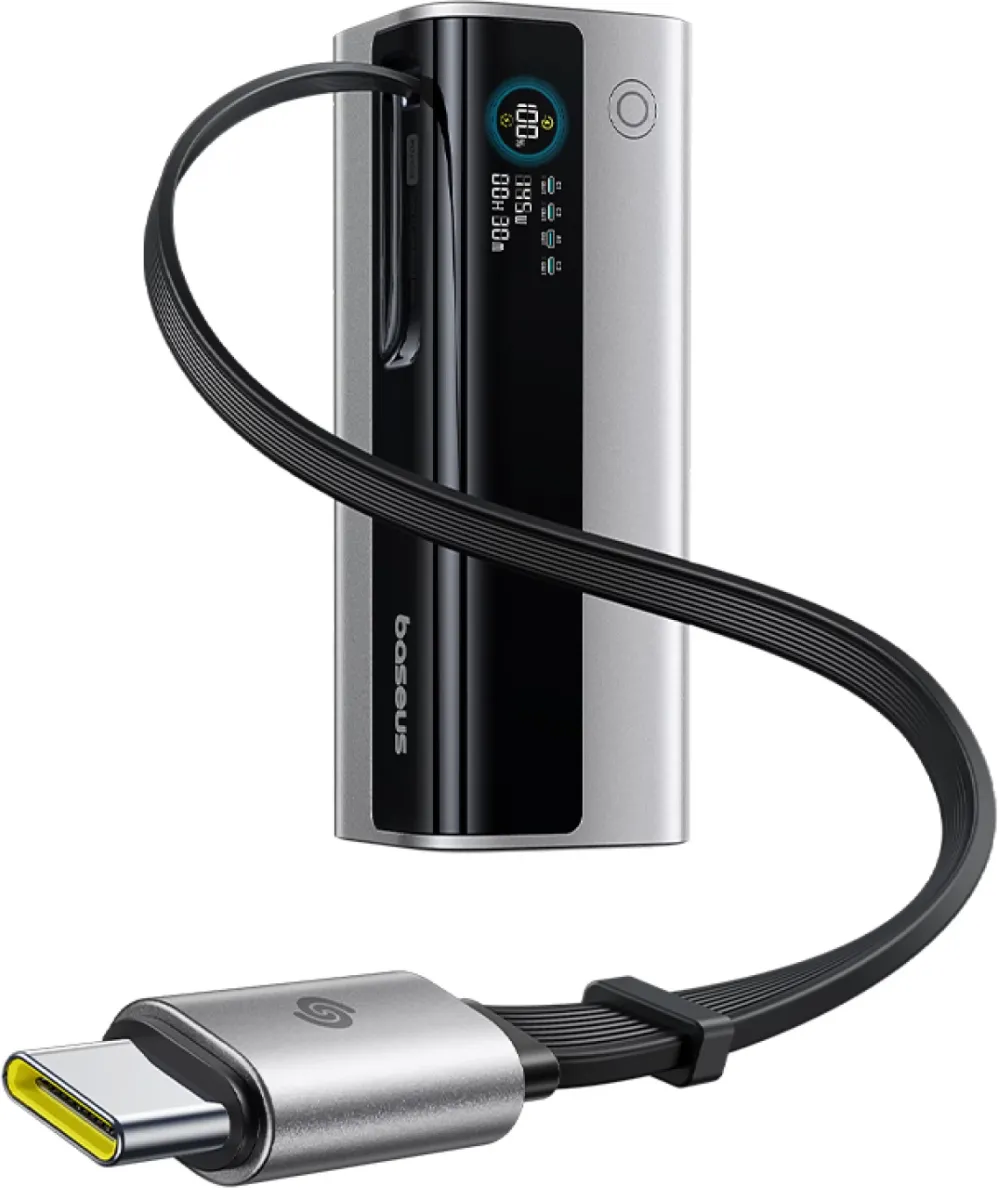 Baterie externa Baseus EnerGeek GR11 20.000 mAh 145W 2x USB-C 1x USB-A cu cablu retractabil Argintiu