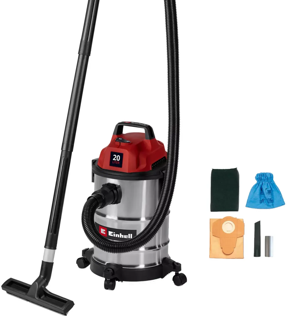 Aspirator umed-uscat Einhell TC-VC 2045 S, 900 W, capacitate de aspirare 180 mbar, rezervor inoxidabil de 20 L, suport pentru accesorii, inclusiv diverse filtre si duze