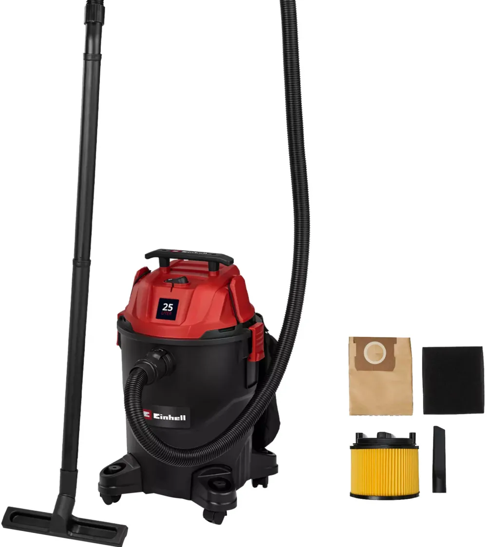 Aspirator multifunctional umed/uscat Einhell TC-VC 2555, 850 W, capacitate de aspirare 180 mbar, recipient colector 25 l, 4 role, maner de transport, include duze, filtre si sac de colectare a murdariei