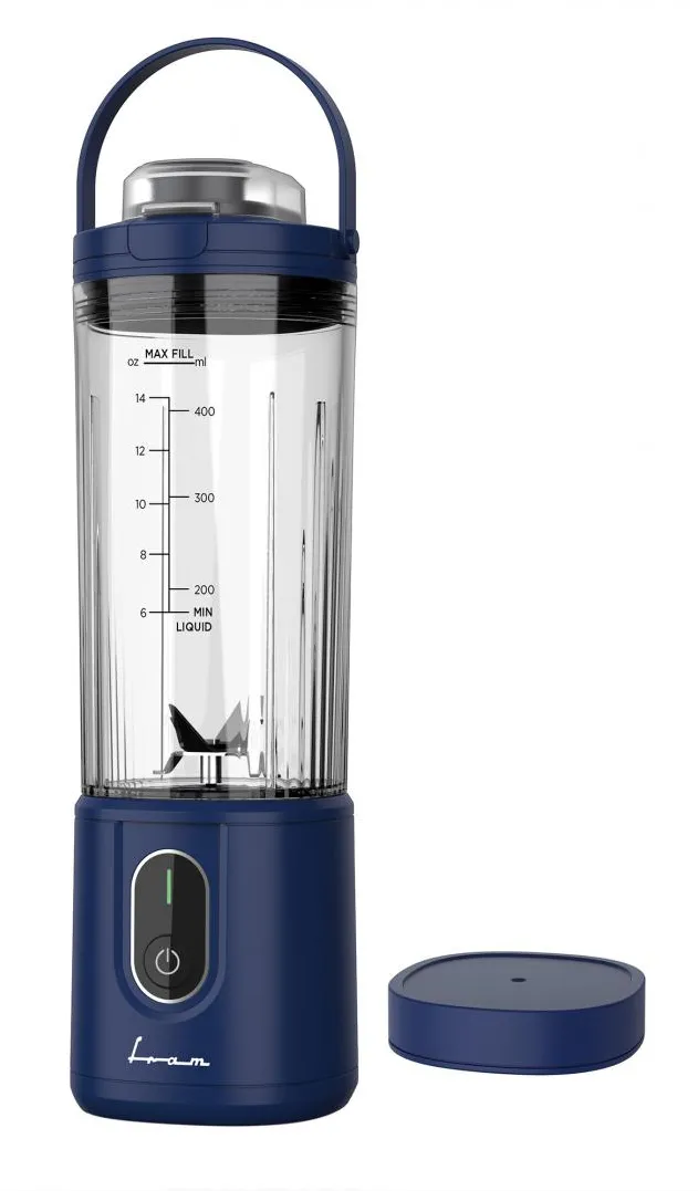 Blender portabil Fram FBP-P74BL, acumulator 7.4V, autonomie 10-15 min, recipient 400ml, lame inox, buton on/off, oprire automata, indicator led fuctionare si alimentare, baza antiaderenta, cablu incarcare TYPE-C, albastru