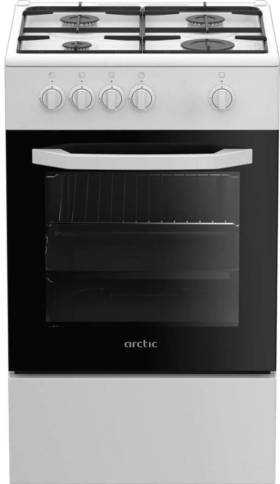 Aragaz Arctic AGM5500F, 4 arzatoare gaz, dispozitiv siguranta cuptor si plita, 85x50x50 (IxLxA, cm), tava emailata, gratar, culoare alba