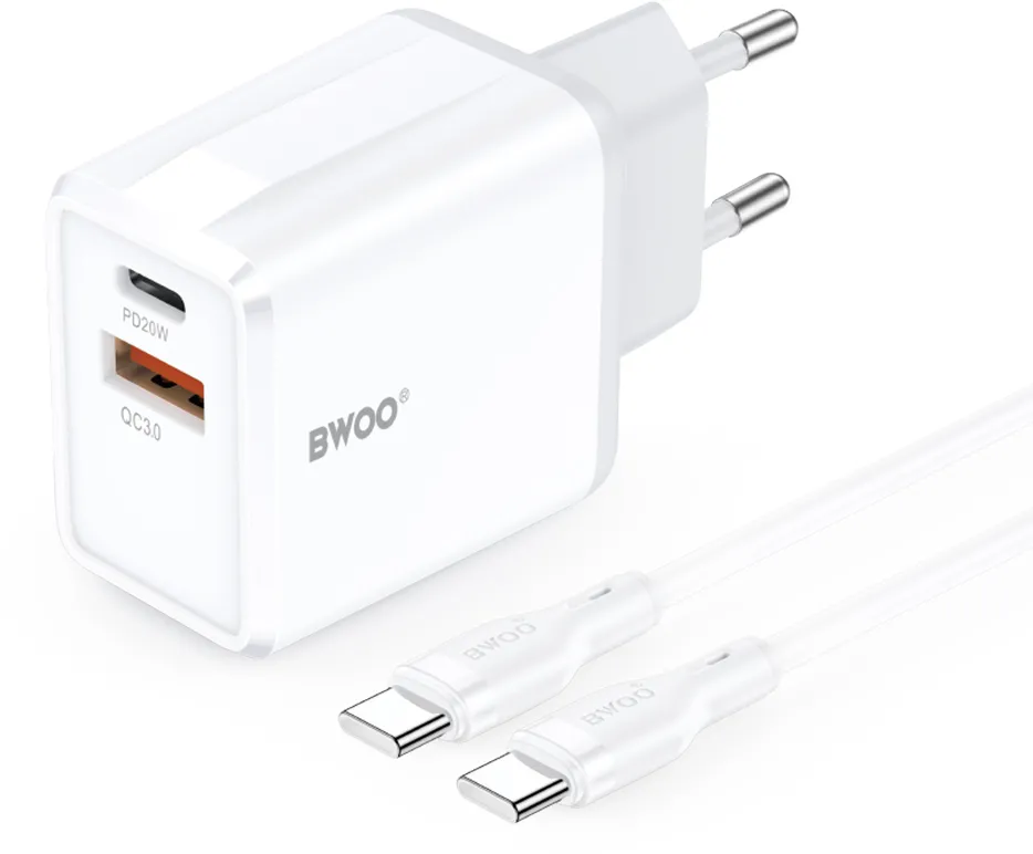 BWOO wall charger CDA182 QC 38W 1x USB-A + 1x USB-C with USB-C cable 1 m black