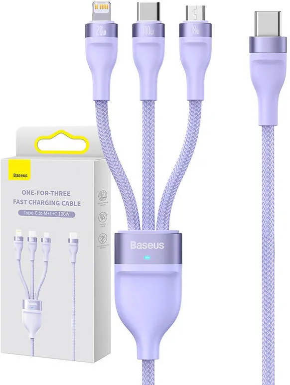 Baseus Kabel USB 3w1 Baseus Flash Series 2, USB-C + micro USB + Lightning, 100W, 1.5m (fioletowy)