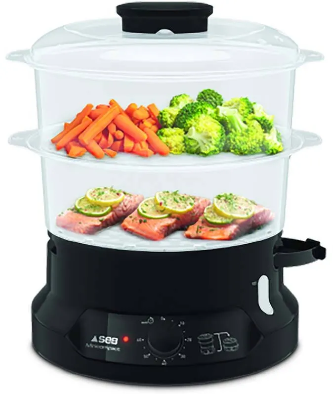 TEFAL Aparat de gatit cu aburi, Aparat de gatit la aburi MiniCompact VC139810,800W, 6L, 2 compartimente, timer 60 min, indicator nivel apa, negru