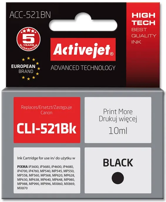 Cartus Imprimanta ACTIVEJET COMPATIBIL ACC-521BN for Canon printer; Canon CLI-521Bk replacement; Supreme; 10 ml; black