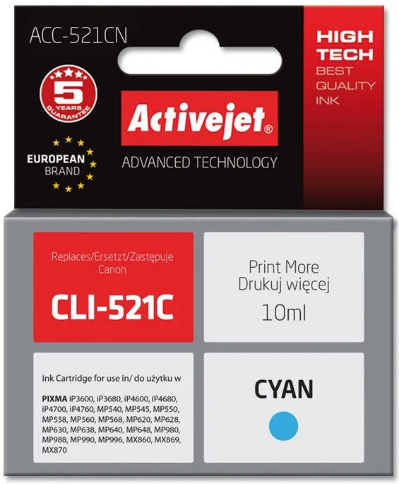 Cartus Imprimanta ACTIVEJET COMPATIBIL ACC-521CN for Canon printer; Canon CLI-521C replacement; Supreme; 10 ml; cyan