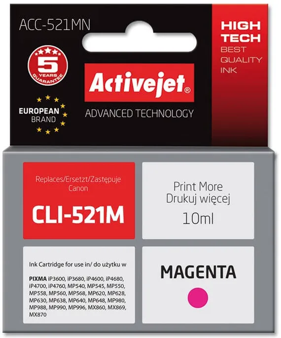 Cartus Imprimanta ACTIVEJET COMPATIBIL ACC-521MN for Canon printer; Canon CLI-521M replacement; Supreme; 10 ml; magenta