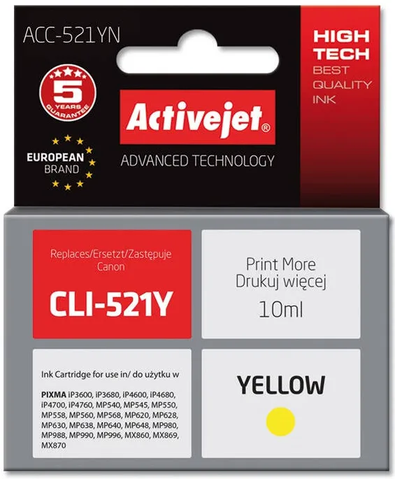 Cartus Imprimanta ACTIVEJET COMPATIBIL ACC-521YN for Canon printer; Canon CLI-521Y replacement; Supreme; 10 ml; yellow