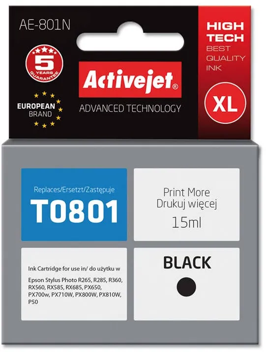 Cartus Imprimanta ACTIVEJET Compatibil AE-801N for Epson printer, Epson T0801 replacement; Supreme; 15 ml; black