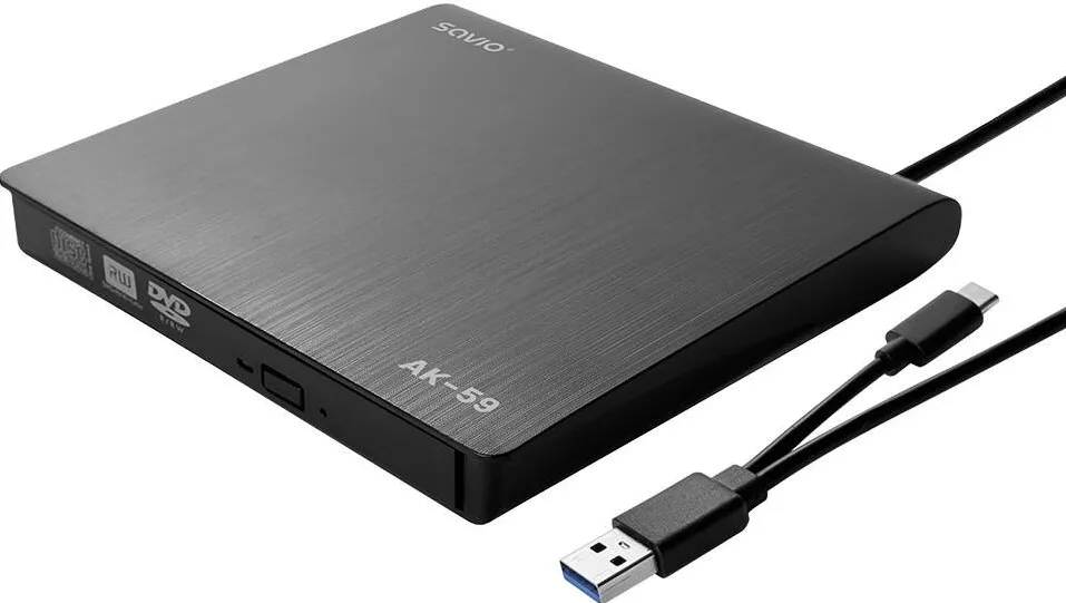 Unitate Optica Externa SAVIO AK-59 External slim CD/DVD Recorder R/RW - USB-C/USB-A, black