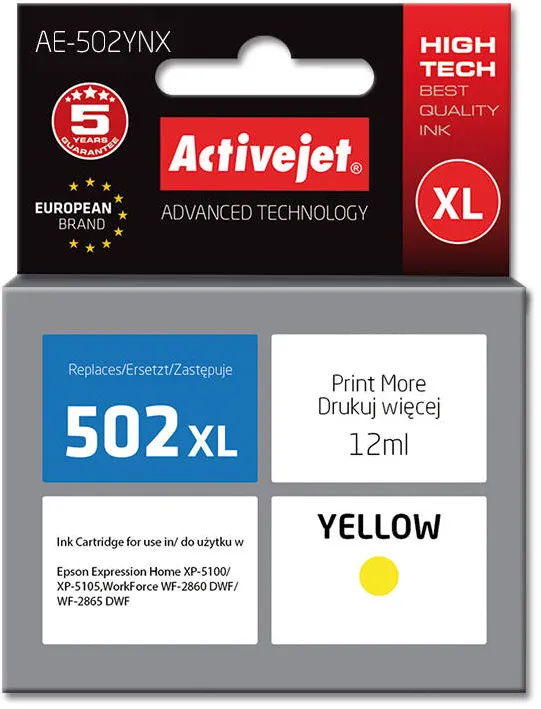 Cartus Imprimanta ACTIVEJET Compatibil AE-502YNX for Epson printer, Epson 502XL W44010 replacement; Supreme; 12 ml; yellow