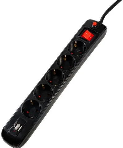 Spacer Prelungitor PP-5-18B-USB, 5x Schuko, 2x USB, 1.8m, Black