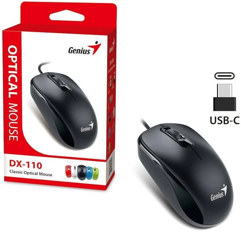 Mouse GENIUS MOUSE Genius, "DX-110", PC sau NB, cu fir, USB-C, optic, 1200 dpi, butoane/scroll 3/1, cablu 1.5m, negru, "31010028401" (timbru verde 0.18 lei)