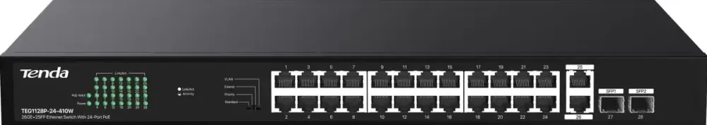 Switch Tenda unmanaged, 24 porturi POE+ RJ-45 gigabit, 2 porturi uplink gigabit RJ-45 si 2 porturi SFP IEEE 802.3af/at, max PoE 410W, metalic