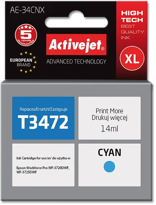 Cartus Imprimanta ACTIVEJET Compatibil AE-34CNX for Epson printer, Epson 34XL T3472 replacement; Supreme; 14 ml; cyan