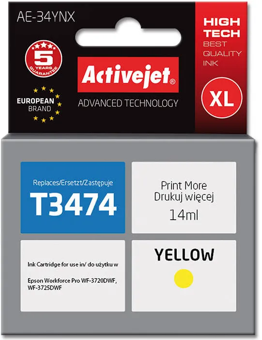 Cartus Imprimanta ACTIVEJET Compatibil AE-34YNX for Epson printer, Epson 34XL T3474 replacement; Supreme; 14 ml; yellow