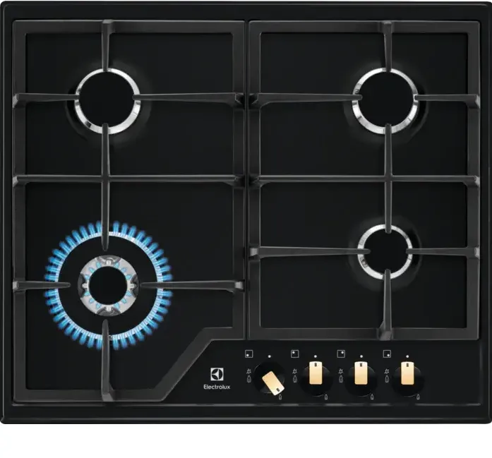 Plita ELECTROLUX incorporabila KGS6436RK, Gaz, 4 arzatoare, Aprindere electrica, Dispozitiv de siguranta, Arzator Wok, Gratare fonta, 60 cm, Negru