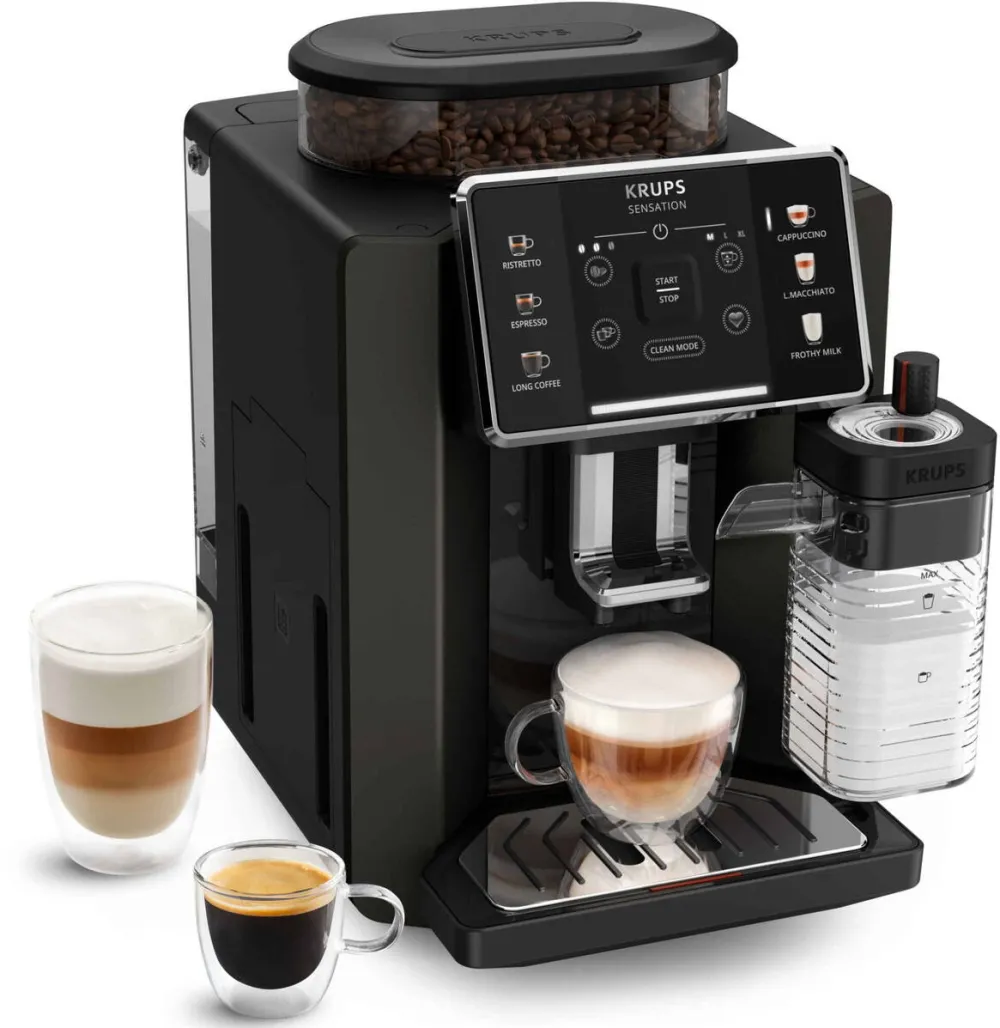 Espressor KRUPS Espressor automat Krups Sensation Milk M50 EA912910, 1450W, 15 bari, 6 retete, ecran tactil, rezervor cafea 260g, rezervor apa detasabil 1.7l, 3 trepte temperatura, rasnita 3 nivele, tehnologie Milk Maestro, negru