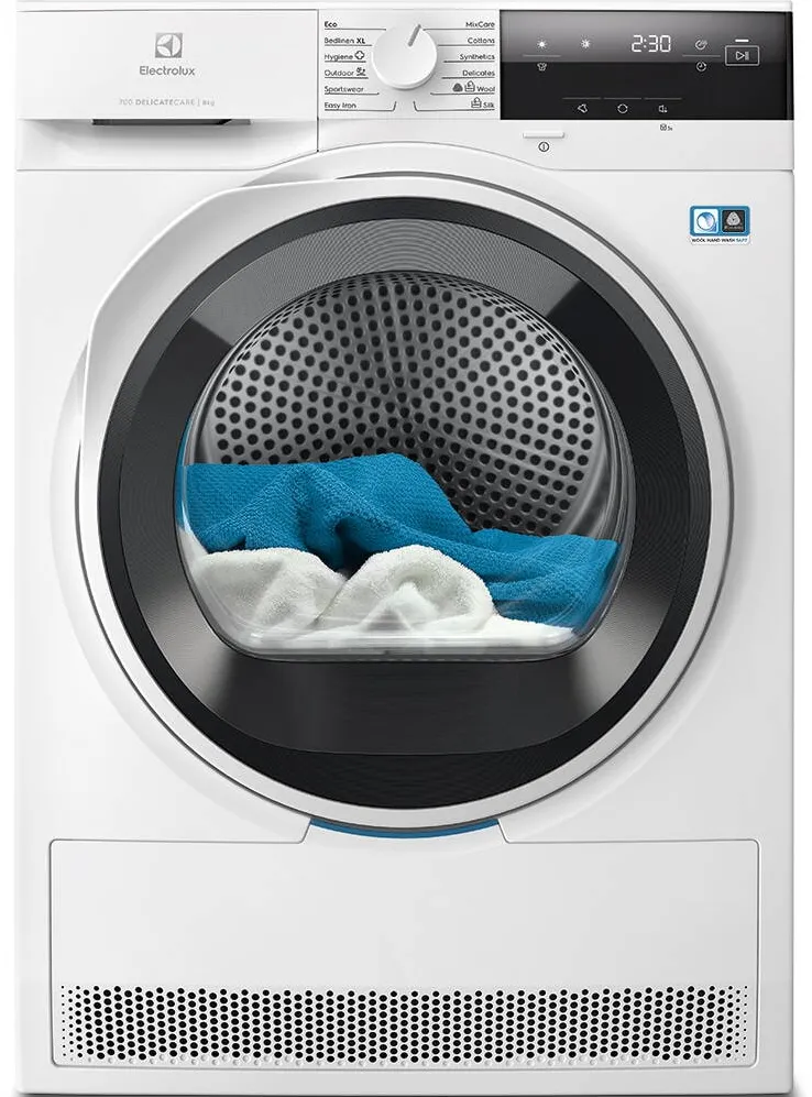 ELECTROLUX Uscator de rufe EW7D384AE, pompa de caldura, 8 kg, clasa C, Motor Inverter, DelicateCare, Sensicare, Display LED, Iluminare interioara tambur, Alb