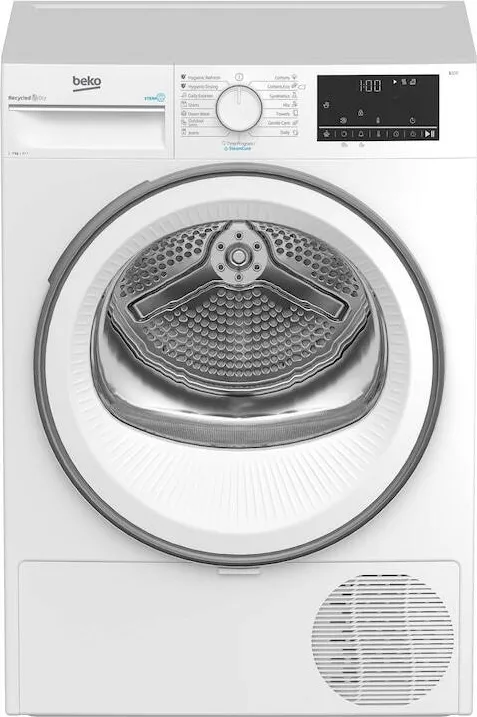 BEKO Uscator de rufe B3T67230, 7 kg, clasa D, pompa de caldura, SteamCure, Hygienic Dry, OptiSense, Recycled Dry, Alb