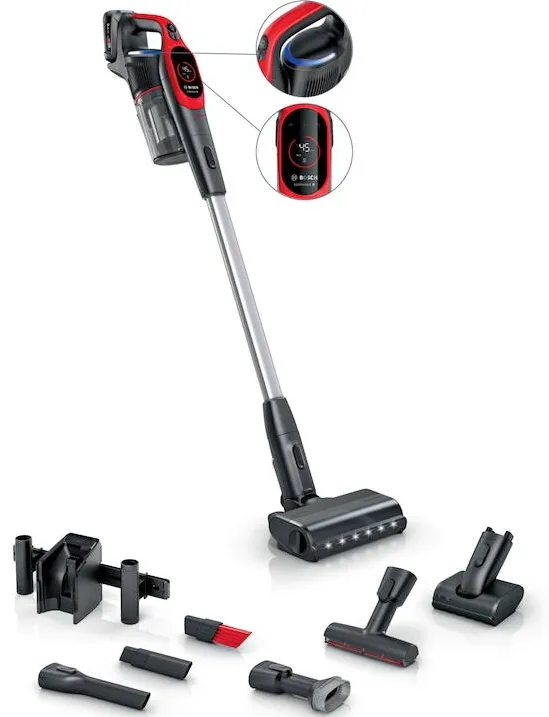 Aspirator BOSCH cu acumulatori Unlimited 9 BBS931PET, baterie 3 Ah, 3 moduri de curatare, Perie MicroClean, Mini perie Turbo Zoo, duza spatii inguste, perie mobilier, perie xxl tapiterie, Senzor MicroClean, Autonomie pana la 60 min. Rosu