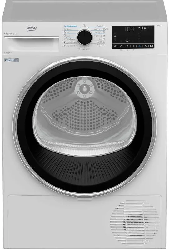 BEKO Uscator de rufe B5T68243, Pompa de caldura, 8 kg, 15 programe, Clasa C, Eco Gentle, Optisense, Aquawave, IronFinish, Alb