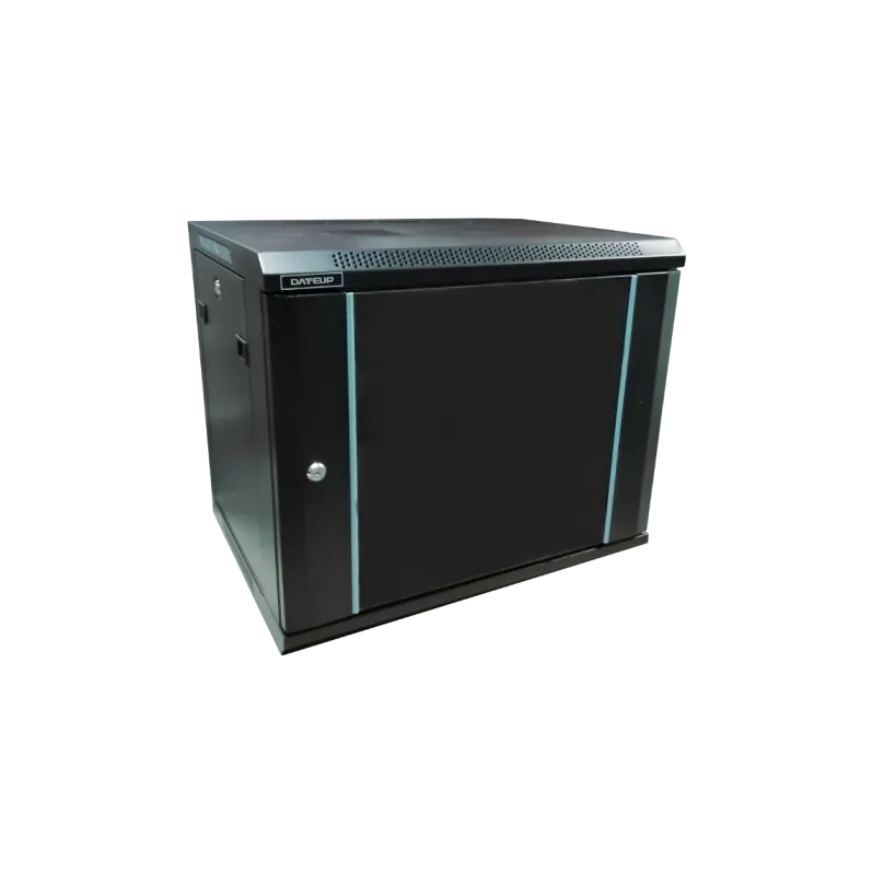 Rack Dateup 9U 600x600, dezasamblat, montare pe perete, usa din sticla, panouri laterale detasabile si securizate, culoare negru RAL 9004, DATEUP