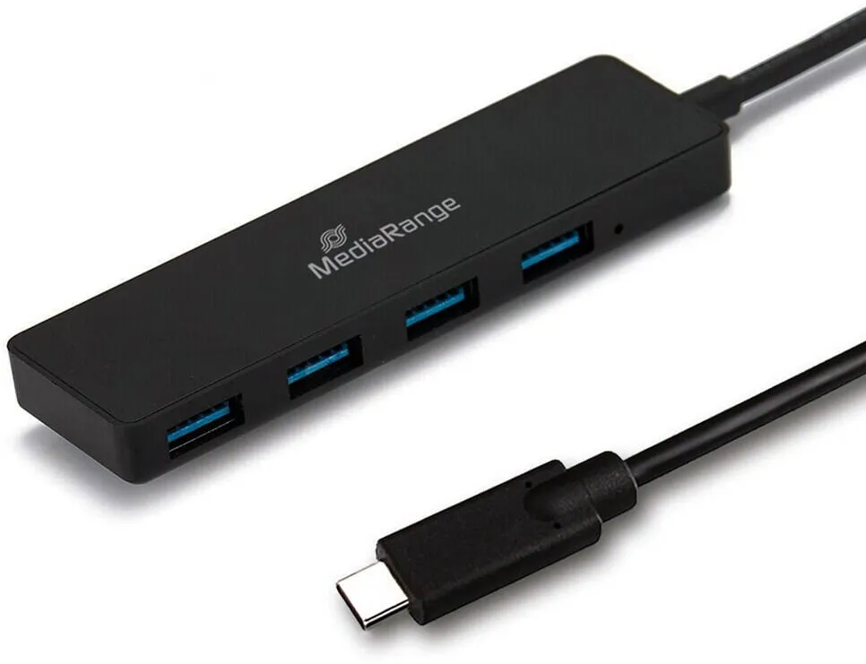 Hub USB MediaRange USB 3.0 HUB 1:4 Type-C auf USB bus-powered sw