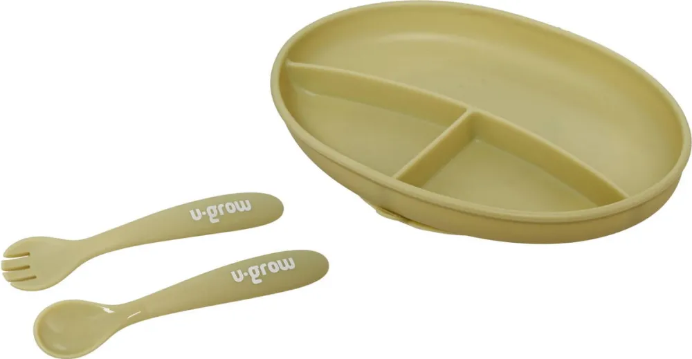 U-GROW Set farfurie si lingurita silicon, olive