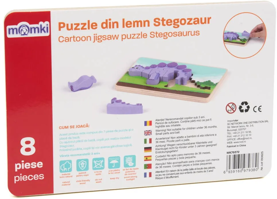 MomKi PUZZLE DIN LEMN STEGOZAUR, 8 PIESE