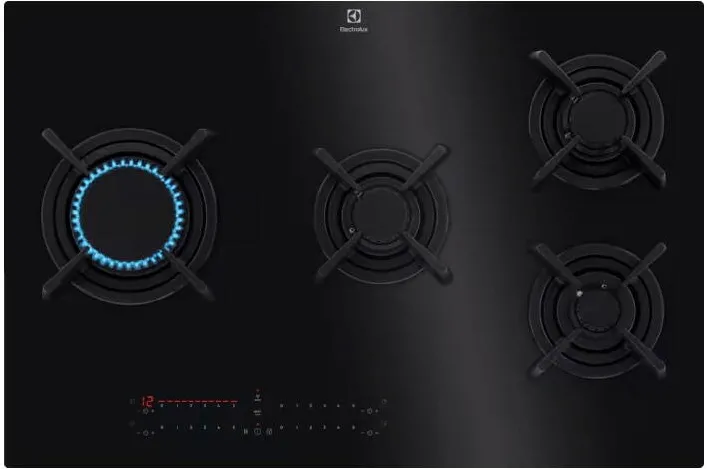 Plita ELECTROLUX incorporabila KGV8473IK, Gaz, 4 arzatoare, Aprindere electrica integrata, Wok, Timer electronic, Dispozitiv siguranta, Gratare fonta, 78 cm, Negru