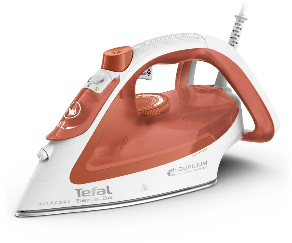 TEFAL Fier de calcat Tefal EasyGliss Eco FV5782E0, 2800 W, abur variabil 50 g/min, talpa Durilium Airglide, mod Eco, alb & portocaliu