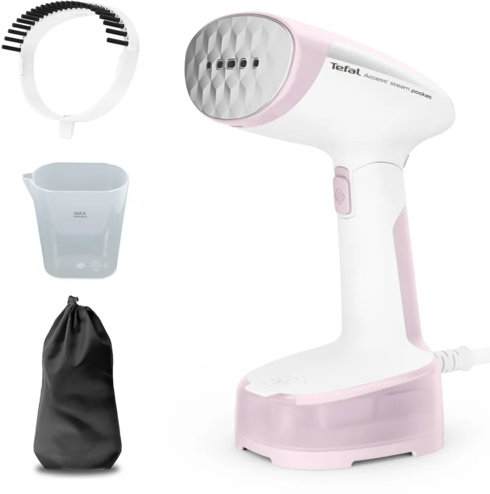 TEFAL Aparat de calcat vertical cu abur Tefal Access Steam Pocket DT3050E1, 1300 W, abur variabil 20 g/min, Oprire automata, husa pentru transport, alb & roz
