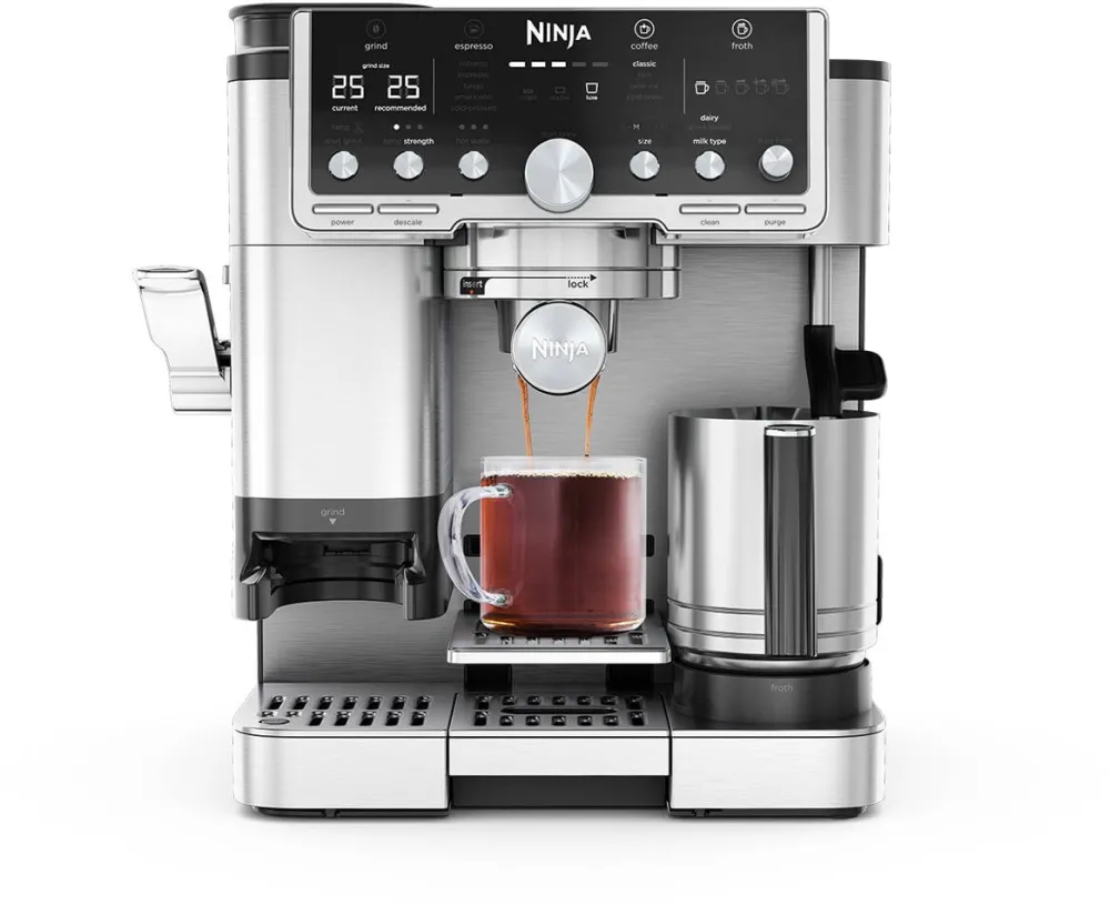 Espressor NINJA semi-automat 3in1 Luxe Café Pro ES701, 1650W, Cold Brew, Barista Assist, rasnita incorporata cu 25 trepte de macinare, sistem automat de spumare a laptelui Dual Froth Pro XL, autocuratare a sistemului de spumare (Inox)
