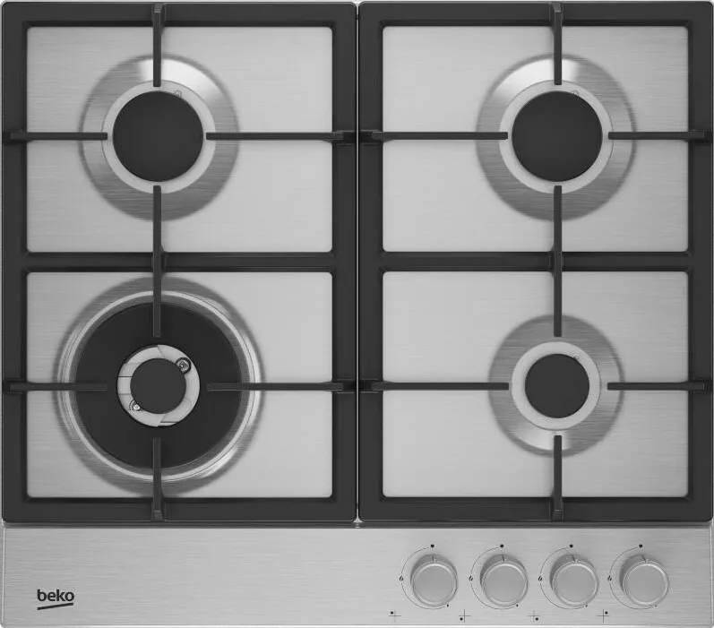 Plita BEKO incorporabila HIAW64225SX, Gaz, 4 arzatoare, Gratar fonta, Arzator Wok, 60 cm, Inox