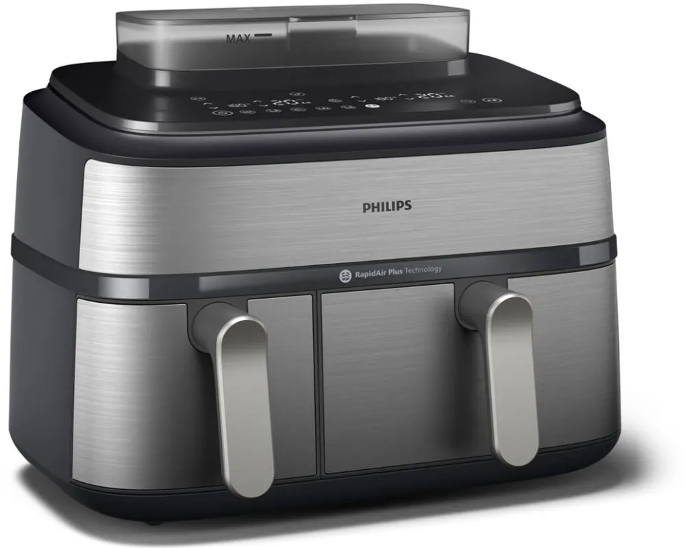 Philips Friteuza cu aer cald dubla PHILIPS Seria 5000 NA555/00, 3kg, 9l, 2750W, functie Air Steam, argintiu-negru
