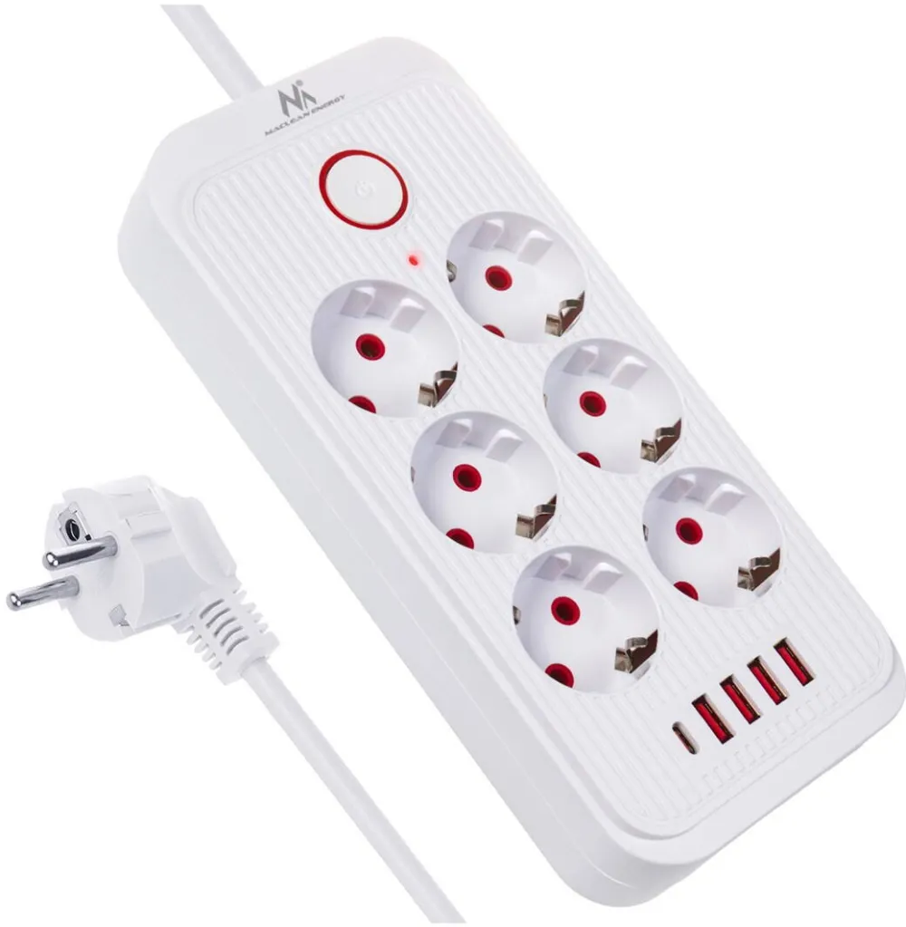 MACLEAN Maclean power strip, 6 socket extension + 4xUSB, 110-240V AC 50/60Hz, 2.1A max 2500W, 1.5 m, white, MCE389 W