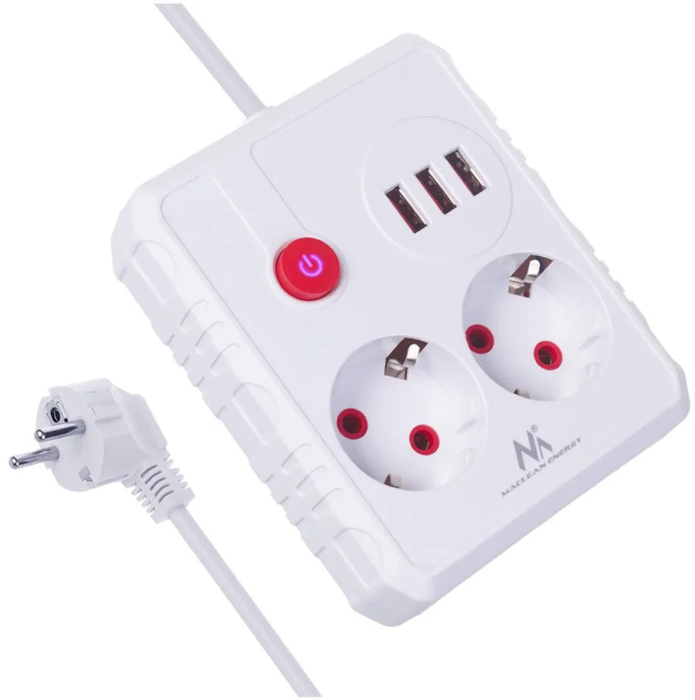 MACLEAN power strip, extender 2 sockets + 3xUSB, 110-240V AC 50/60Hz, 2.1A max 2500W, 3 m, white, MCE388 W