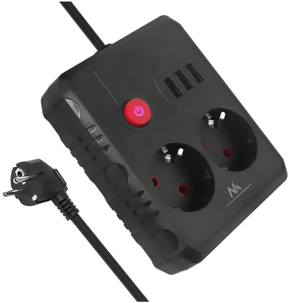 MACLEAN power strip, extender 2 sockets + 3xUSB, 110-240V AC 50/60Hz, 2.1A max 2500W, 3 m, black, MCE388 B