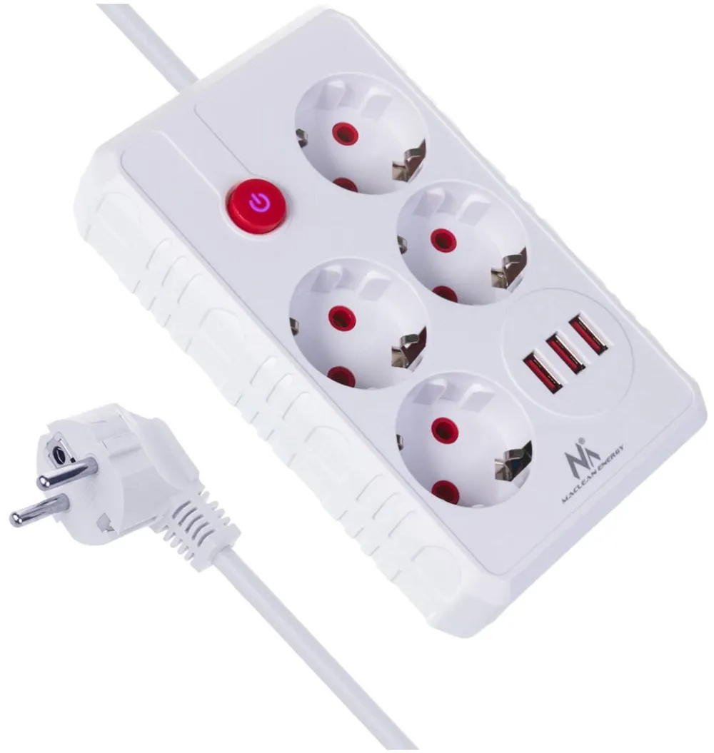 MACLEAN power strip, 4-socket extension cable + 3xUSB, 110-240V AC 50/60Hz, 2.1A max 2500W, 1.5m, white, MCE392 W
